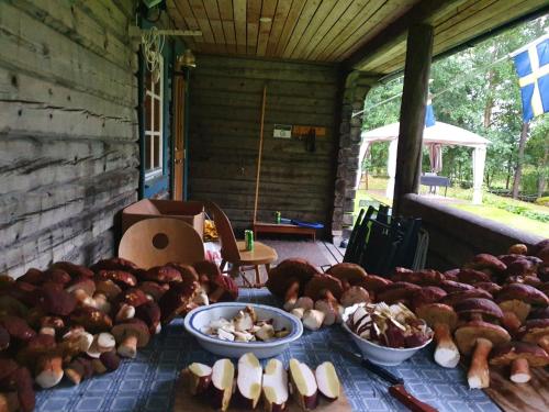 a table filled with lots of different types of mushrooms at Mysig timmerstuga vid sjön Björken in Grangärde