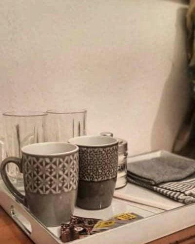 two coffee cups on a shelf in a refrigerator at Pansion Vasiliki in Ouranoupoli