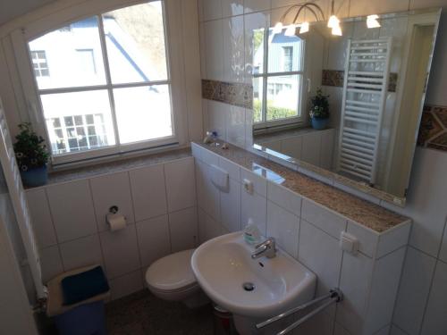 a bathroom with a sink and a toilet and a mirror at Kranich - a09374 in Zingst
