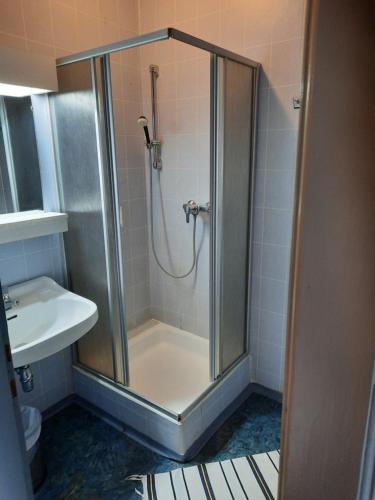 La salle de bains est pourvue d'une douche et d'un lavabo. dans l'établissement Gasthof Hochalmspitze, à Malta