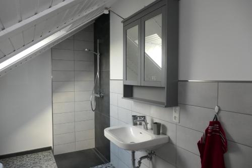 La salle de bains est pourvue d'un lavabo et d'une armoire. dans l'établissement RZB Derboven - Bünkemühler Kuhliebe, à Bücken
