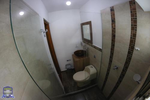 uma pequena casa de banho com WC e chuveiro em Hotel San Fernandos Plaza em San Rafael