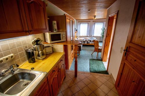 a kitchen with a sink and a microwave at Ferienhaus Kahl in Ilmenau