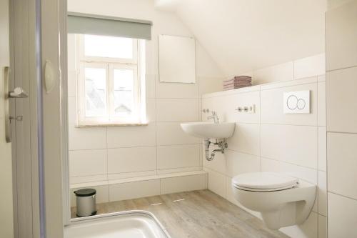 a white bathroom with a toilet and a sink at Ferienwohnung Neu "Zum Westerwald" LAHN03 in Löhnberg