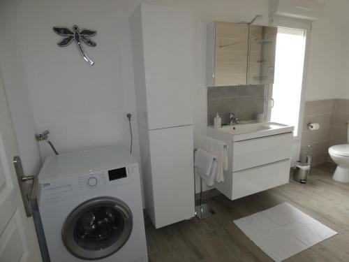 uma casa de banho branca com uma máquina de lavar roupa e um lavatório em gite de la libellule em Commentry