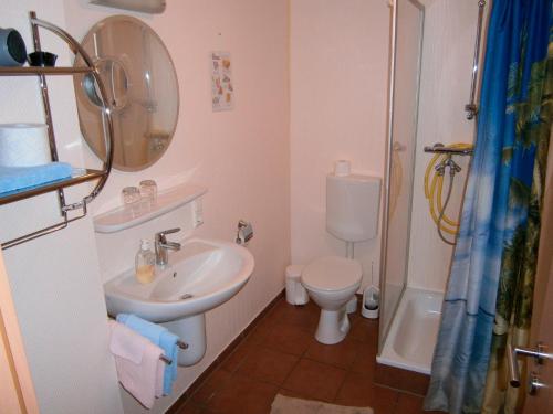 ハーゼリュンネにあるFerienhof Niemann Wohnung 7のバスルーム(洗面台、トイレ、シャワー付)