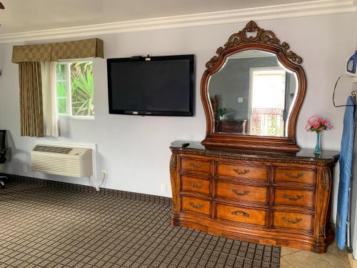 a very nice looking room with a big mirror at Viking Motel-Ventura in Ventura
