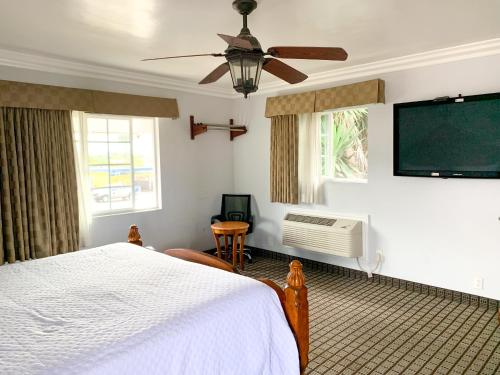 een slaapkamer met een bed en een flatscreen-tv bij Viking Motel-Ventura in Ventura