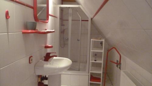 y baño con lavabo blanco y ducha. en Apartment Seestern en Emmelsbüll-Horsbüll