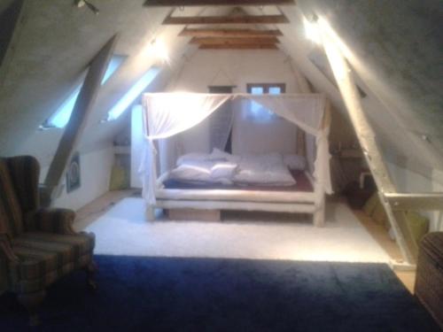 a attic room with a bed in the attic at Grosse Hobbithöhle mit Gemeinschaftsgarten in Neustadt am Rübenberge