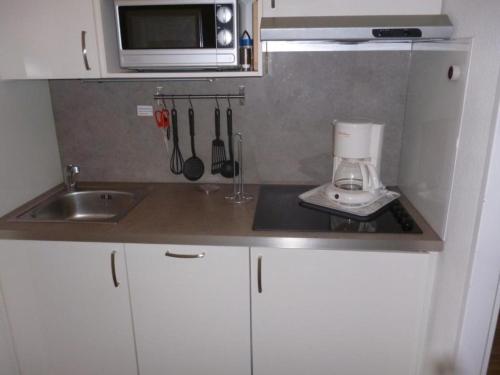 a kitchen with a counter with a blender and a microwave at Fehmarn-OstseeferienFewoMarquardt165 in Burgtiefe auf Fehmarn 