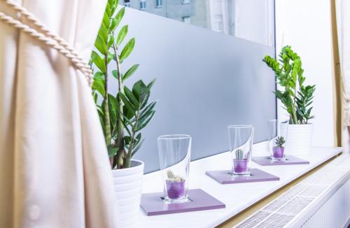 a window sill with four glasses and potted plants at Hotel-Pension ODIN in Berlin