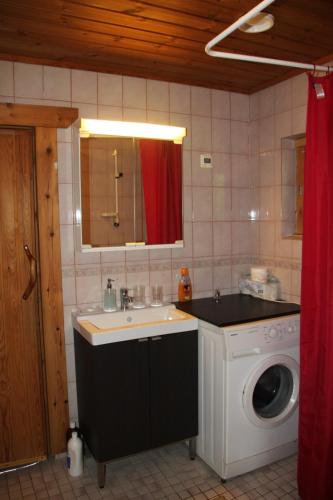 a bathroom with a sink and a washing machine at Kallioranta Cottage in Ruokolahti