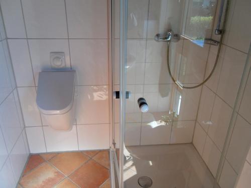 a bathroom with a shower and a toilet at Ferienwohnung Schulz in Heiligenhafen