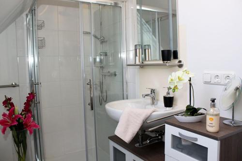 a bathroom with a glass shower and a sink at Ferienzimmer 1 Engelmann-Beck in Eitzen Zwei