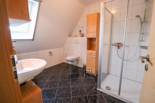 メッペンにあるFamilienhof Brüning - Rehblickのバスルーム(洗面台、トイレ、シャワー付)