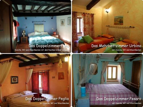 Ferienhaus Ca Piero mit Pool bis 8 Personen في أوربينو: أربعة صور مختلفة لغرفة بسرير