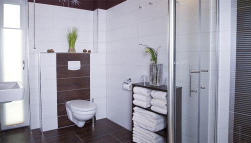 a bathroom with a toilet and a shower with towels at die Stimmungsvolle in Willingen