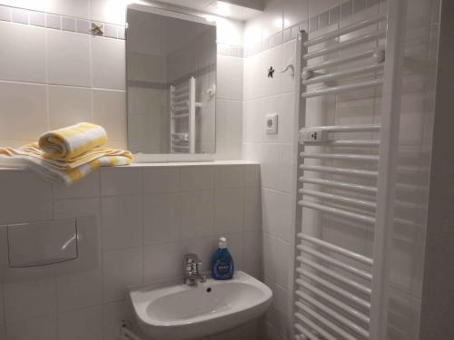 Baño blanco con lavabo y espejo en Resi E06 en Prerow