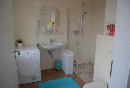 ein Bad mit einem Waschbecken, einer Dusche und einem WC in der Unterkunft Haus Storchennest in Wiefelstede