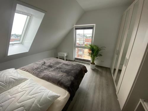 ein Schlafzimmer mit einem Bett und einer Topfpflanze in der Unterkunft Kabine 12 in Grömitz