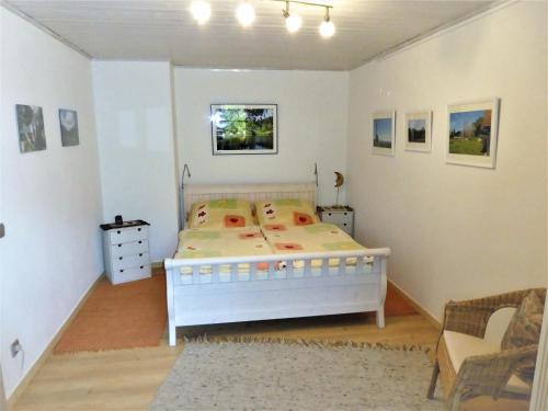 a bedroom with a bed and a chair in it at Öko-Ferienwohnung im Landhaus Hübner in Neukirchen