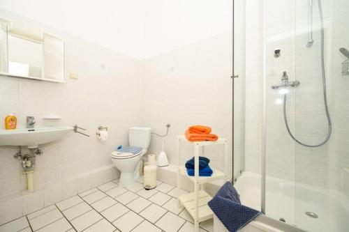 e bagno con doccia, servizi igienici e lavandino. di Villa Christiana - Ginster a Graal-Müritz
