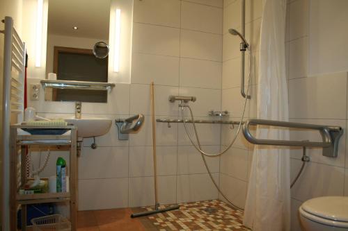 y baño con ducha, lavabo y aseo. en Fockenstein, en Bad Wiessee