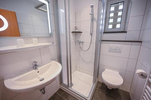 a bathroom with a shower and a sink and a toilet at Zur schönen Aussicht - FW 5 in Dahme