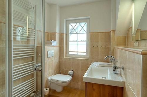 a bathroom with a toilet and a sink and a shower at Villa Carpe Diem, FW 8 in Zingst