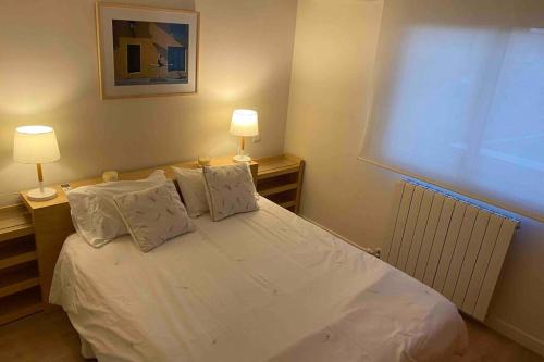 1 dormitorio con 1 cama con 2 lámparas y una ventana en apartamento centro historico Zaragoza en Zaragoza