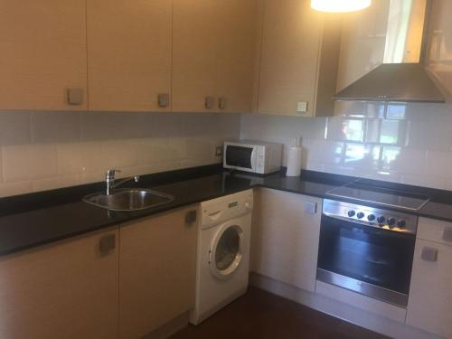 a kitchen with a washing machine and a sink at Apartamento Balcón de Jaca in Jaca