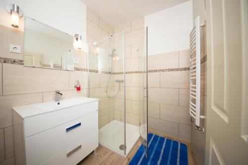 y baño con lavabo blanco y ducha. en Schleiblick App 9, en Rabenkirchen-Faulück