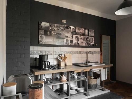 a kitchen with a sink and a counter with photos on the wall at " Fernweh " in Sonneberg