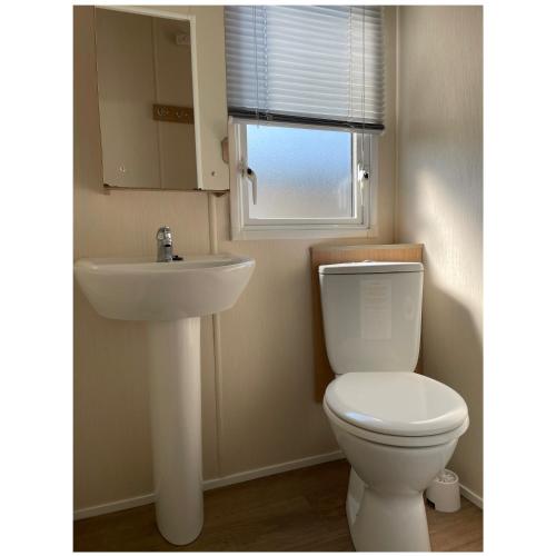 a bathroom with a white toilet and a sink at Caravan - sleeps 6 & parking in Hollington