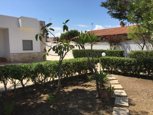 un giardino con alberi e cespugli di fronte a un edificio di Casa Flavia a Torre Chianca