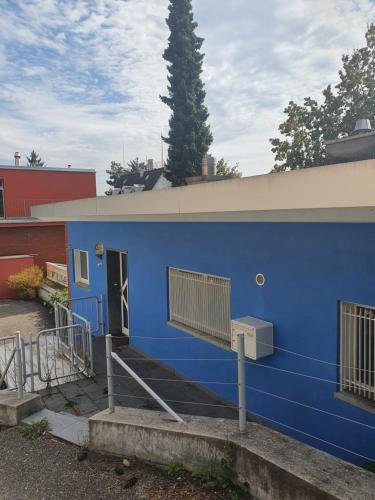 ein blaues Gebäude mit einer blauen Tür und einer Treppe in der Unterkunft Viktoria Budget Hostel in Zürich