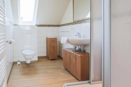 a bathroom with a sink and a toilet at Ferienhof Büdlfarm - Große in Sahrensdorf