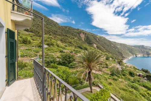 a balcony with a view of the ocean and a palm tree at Salty Sky Flat , Terre Marine in Corniglia