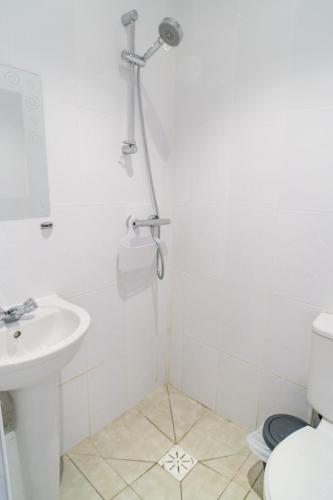 a white bathroom with a shower and a sink at The Dairy in Aberystwyth