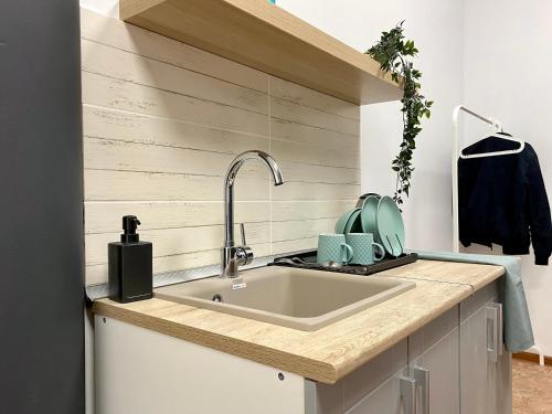 cocina con fregadero y pared de madera en Мини Гостиница Richotels en Ufá