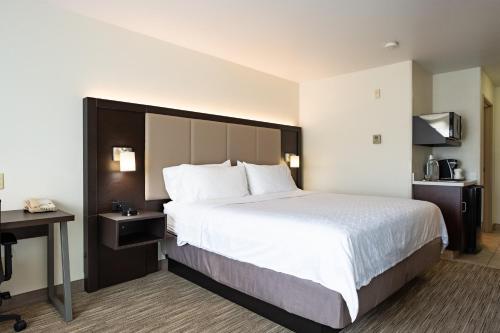 a hotel room with a large bed and a desk at Holiday Inn Express Hotel & Suites Evanston by IHG in Evanston