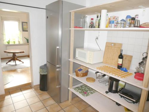 a kitchen with a refrigerator and a shelf with a microwave at Am Backhaus in Gleiberg