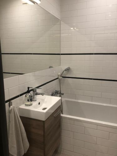 a bathroom with a sink and a bath tub at Dmowskiego blisko Rynku in Wałbrzych