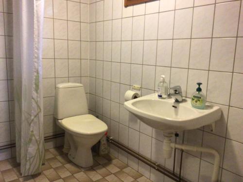 a bathroom with a sink and a toilet at Petäjälammen Turistimajat in Kuusamo