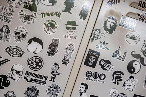 a display of stickers on a wall at Architektenwohnungen mit Panoramablick bei Köln in Lindlar