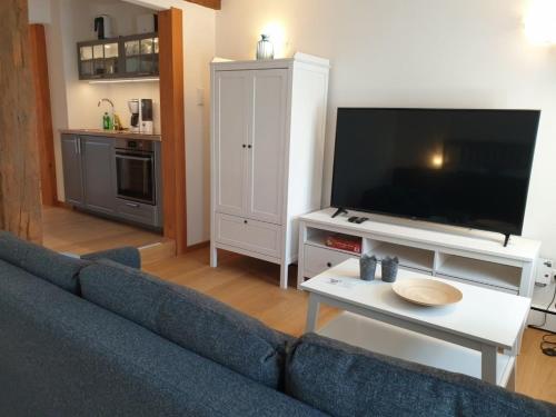 sala de estar con sofá azul y TV de pantalla plana en Torhaus Rattelsdorf - Wohnung Edelweiß, en Rattelsdorf