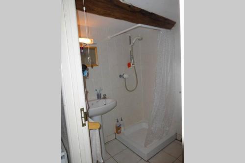 een badkamer met een douche, een wastafel en een bad bij Les Deux Sabots in Bréel