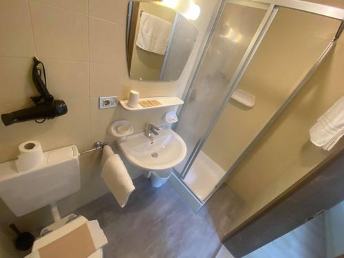 a bathroom with a sink and a toilet and a mirror at Laimerhof in Rifiano