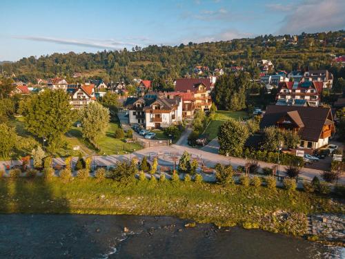 an aerial view of a town with houses and a river at Apartamenty Eko in Szczawnica